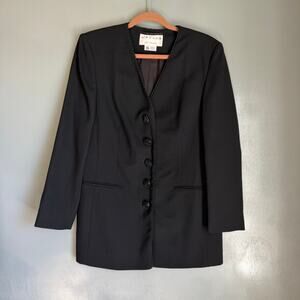 Vintage JAEGER Women's 10 Black Decorative Button 80's Wool Long Blazer Retro